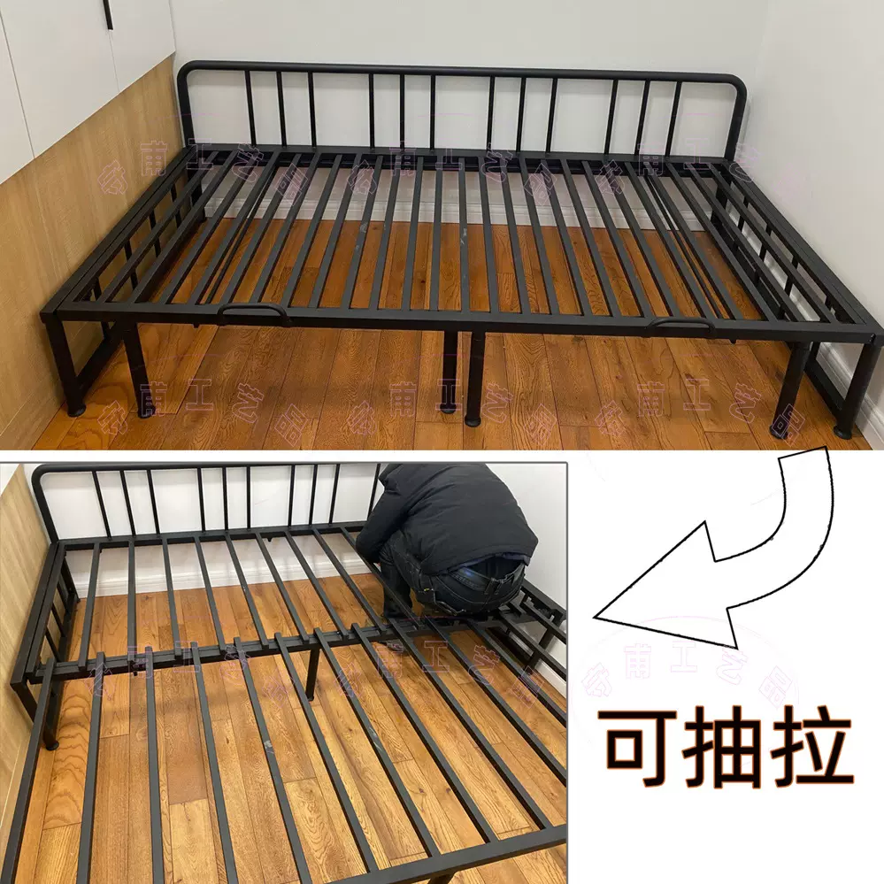 无扶手有靠背的抽拉式铁艺沙发床架，左右后三面靠墙摆放，可拆装