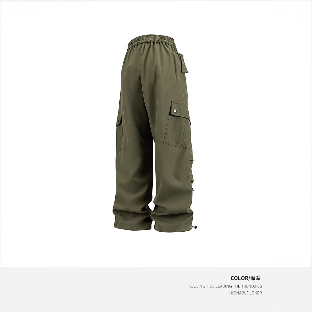 New cross-border summer American style cargo pants, high street wide-leg casual pants, women's retro high-waisted drawstring versatile trousers