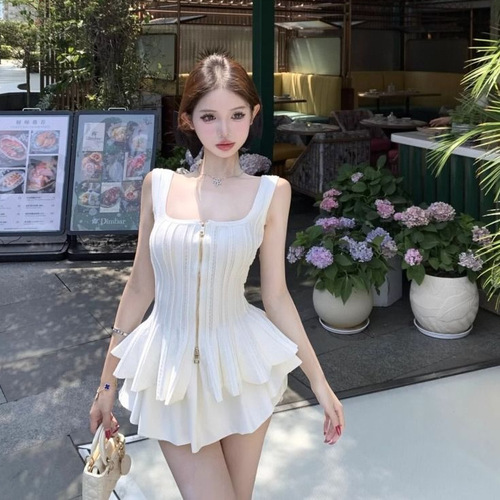2025 summer new women's clothing, sexy sexy slim square collar, ruffled knitted halter vest top