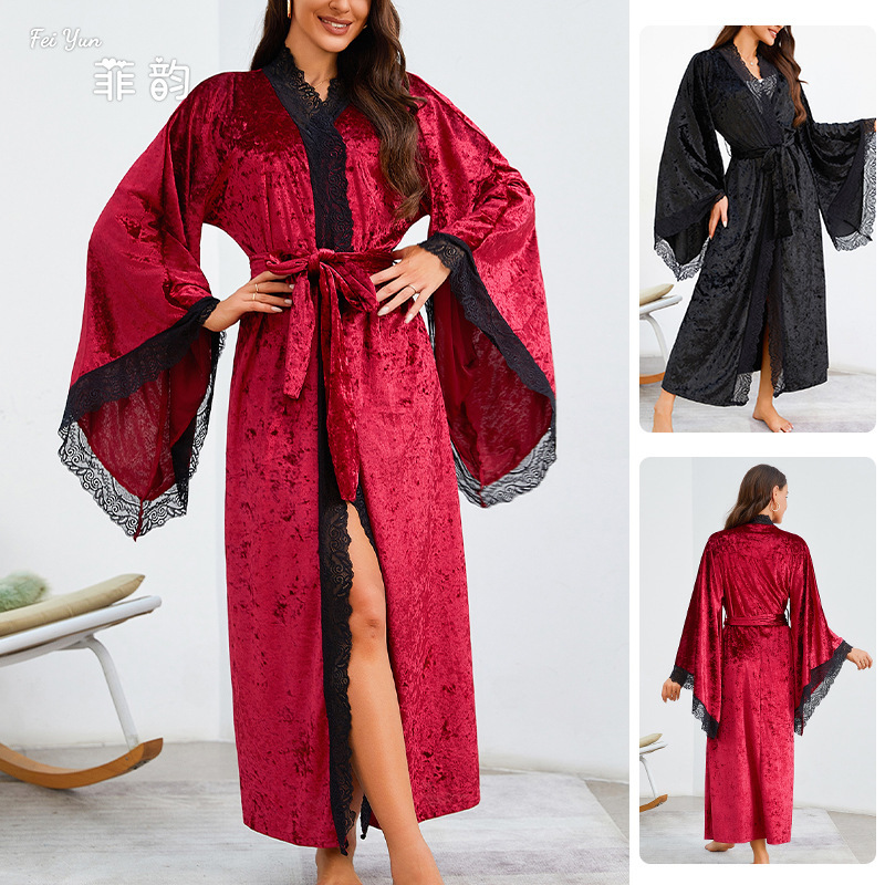 Feiyun's New European and American Extended Bathrobe Sexy Lace Accessible Luxury Long-Sleeved Velvet Nightgown Bathrobe Home Wear 623