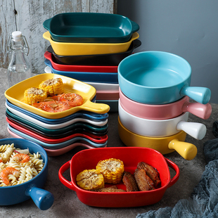 Ceramic Handle Baking Bowl Instant Noodle Bowl Microwave Baking Dish Dish Plate Household Tableware Oven Baking Cheese Baked Rice Plate Bowl