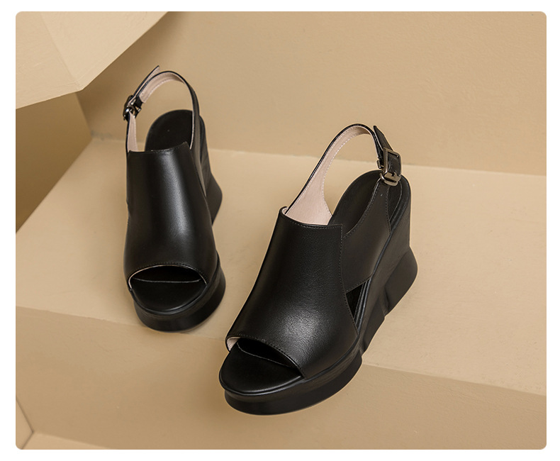 Sandal nữ đế xuồng miệng cá da bò, quai ngang đơn giản, gót cao 8 cm — Màu đen chi tiết 12