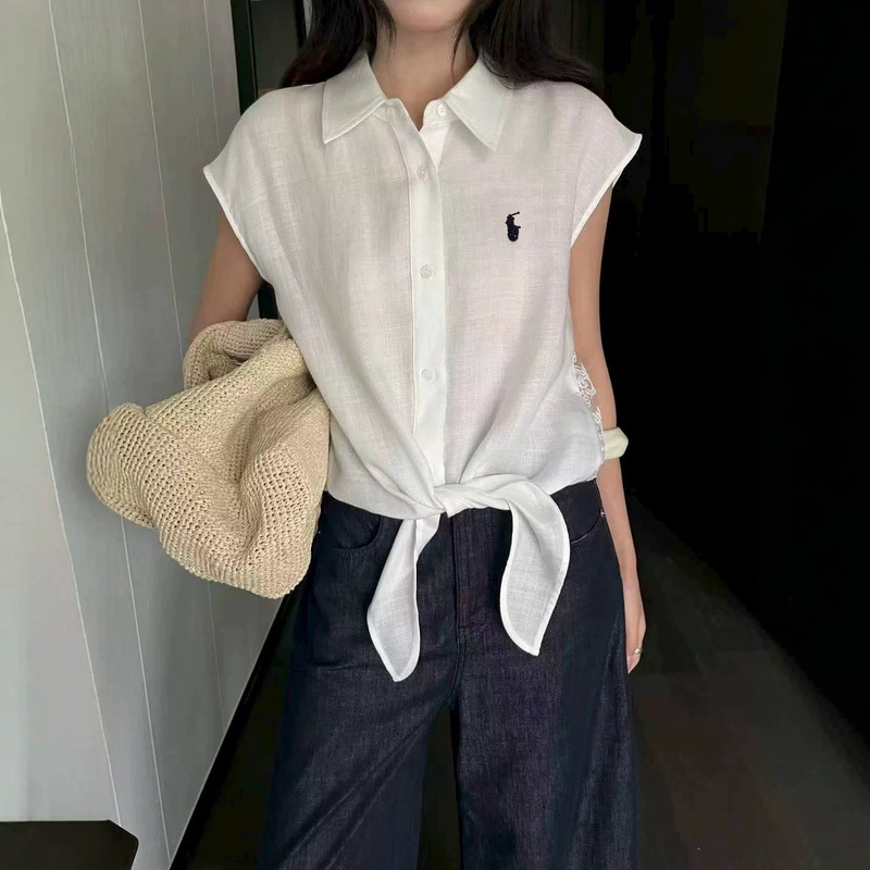 High-Quality Rl Ralph Lace-Up Sleeveless Shirt with Lace Cutout Design on the Back, Classic Warhorse Embroidery Logo, Fashionable Top High-Quality Rl Ralph Lace-Up Sleeveless Shirt with Lace Cutout Design on the Back, Classic Warhorse Embroidery Logo, Fashionable Top