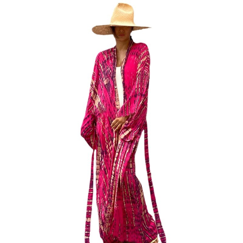 European And American Rayon Water Print Beach Cover up Sexy Loose Cardigan Swimsuit Bikini for Women_ecoleips.com