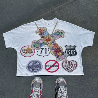 跨境欧美亚马逊男女装夏季新款花边吊带圆领数码印花宽松上衣短袖