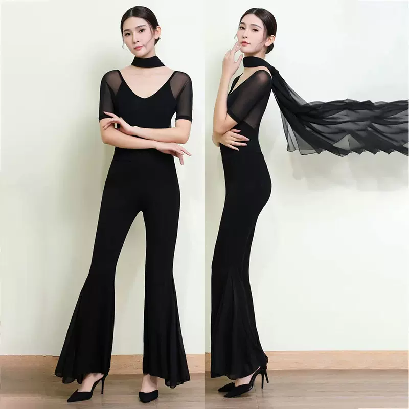 新款形体服女套装成人舞蹈连档练功服拼接网纱礼仪培训模特走秀服