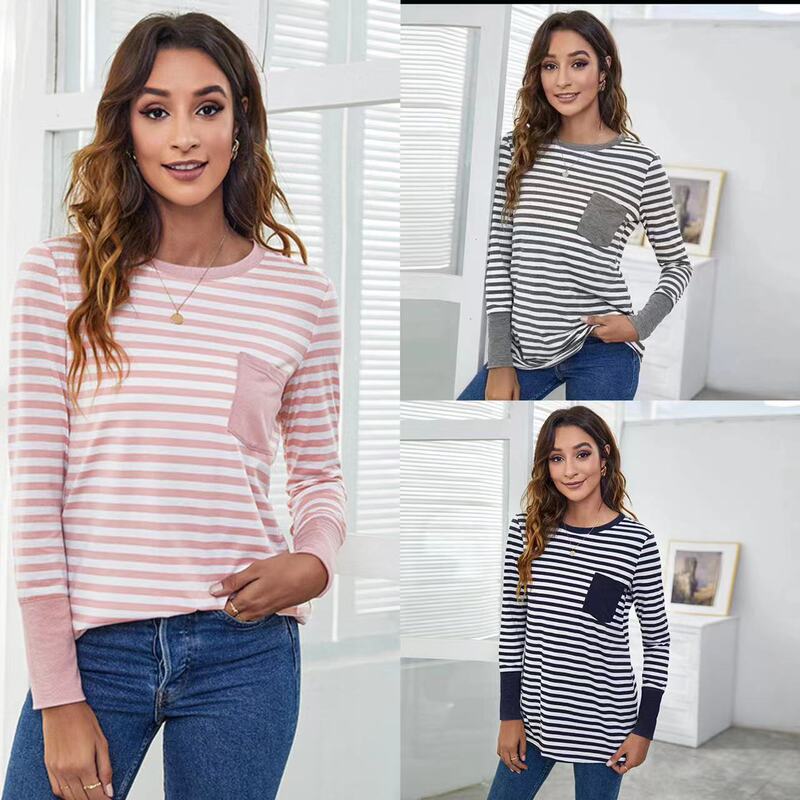 European and American Striped Shirt 2024 Amazon Spring and Autumn New Casual Color Block Round Neck Pocket Long Sleeve Women's T-Shirt