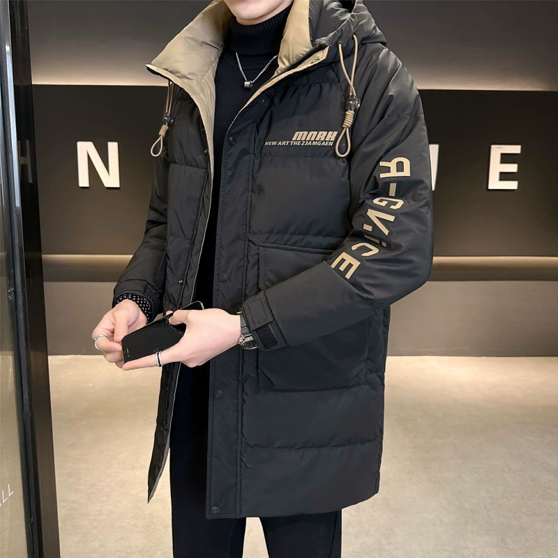 Пуховик Мужская средняя длинная теплая куртка с алфавитным принтом повседневный топ с капюшоном 8660