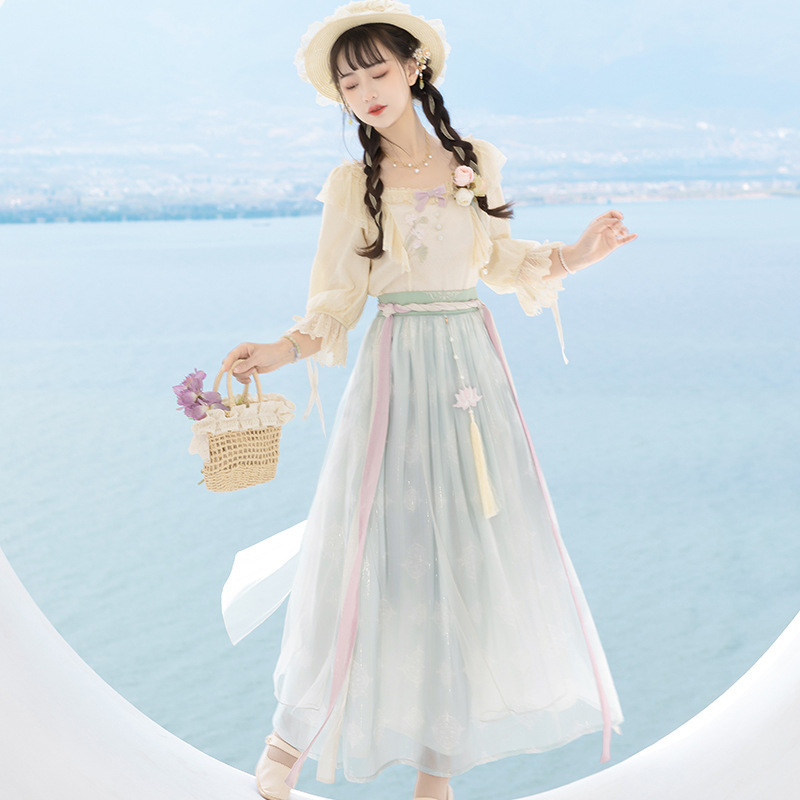 Diseño original de agua clara de verano Han ropa de mujer y hombre elementos de cintura de camisa de estilo chino vestido conjunto de chaqueta 8568