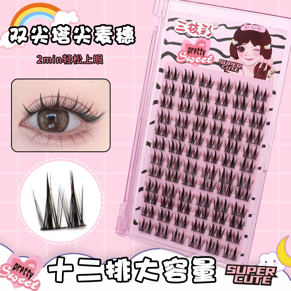 Cluster false eyelashes, double‑pointed wheat‑ear style, natural segmented pre‑made clusters