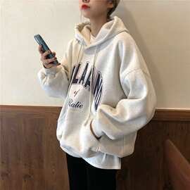 加绒连帽卫衣女字母印花秋冬季宽松套头上衣跨境女装外贸批发eBay