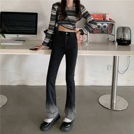 渐变烟管牛仔裤女2023设计感复古秋冬小个子高腰烟灰微喇叭马蹄裤