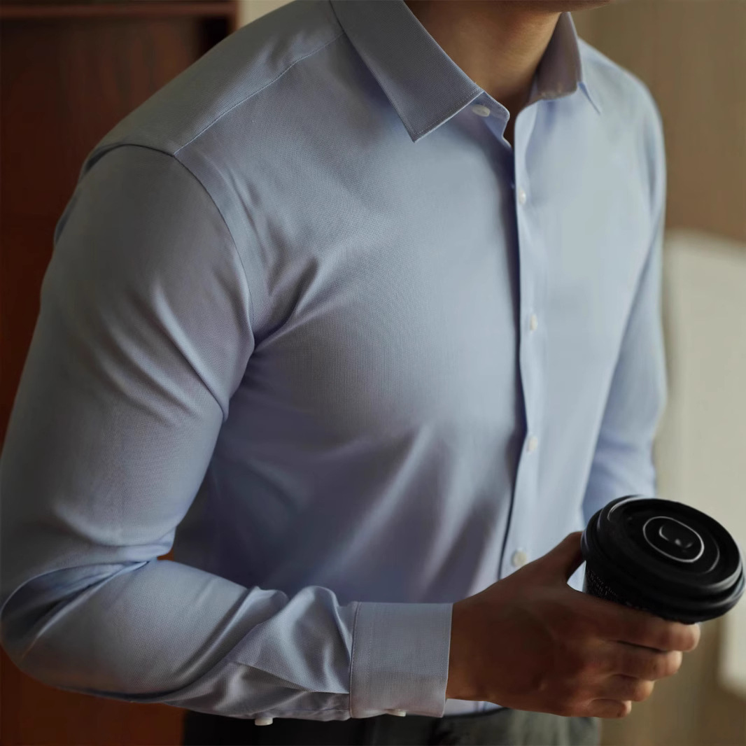 [Grado de lujo] Camisa de color sólido de estilo empresarial Camisa casual de caballero de viaje de manga larga para hombre Camisa formal de alta calidad