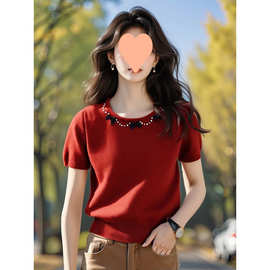 红色针织短袖T恤女2025新款蝴蝶结设计气质高端时尚百搭圆领上衣