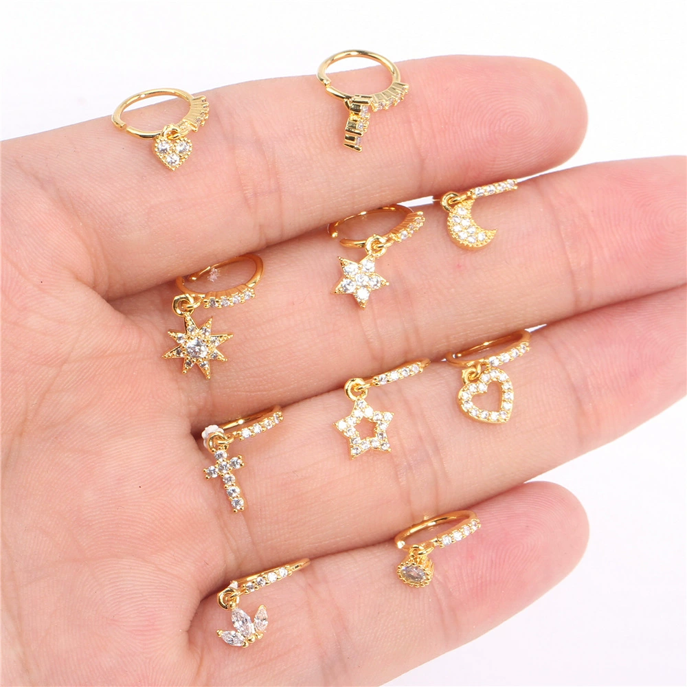 Amazon Европейская и американская женская подвеска с кольцом в носу, подвесная пятиконечная звезда, Любовный крест, Полный Бриллиант, циркон, кулон для ногтей в носу