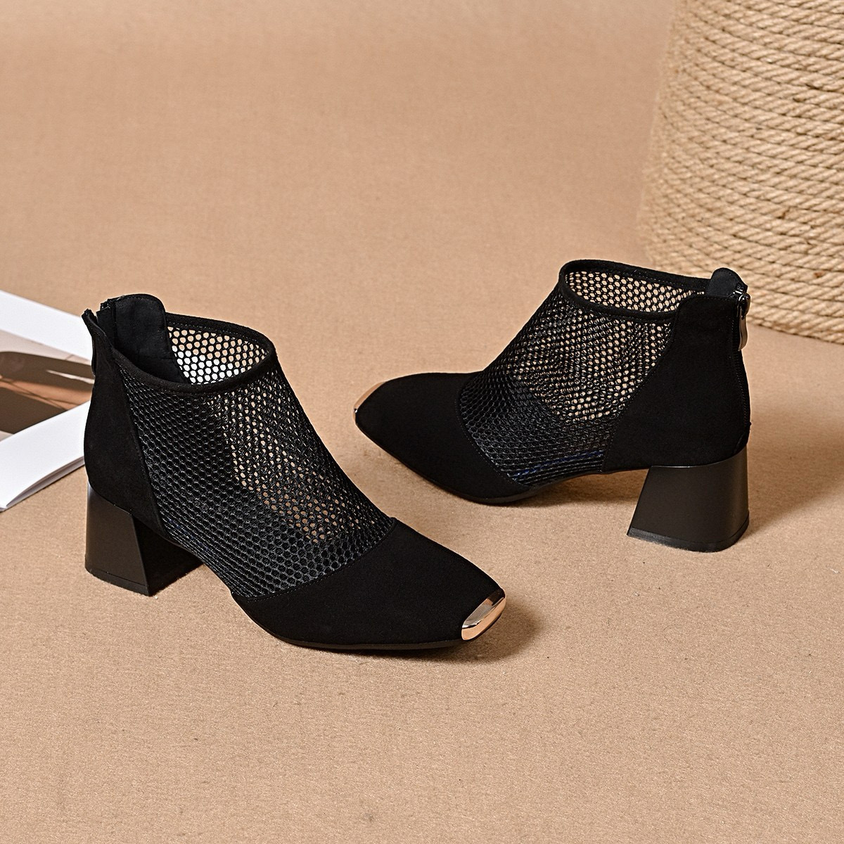 Giày sandal nữ da thật mũi vuông phối lưới kiểu La Mã, gót dày, thoáng khí, boot ngắn phối lưới — màu đen chi tiết 7