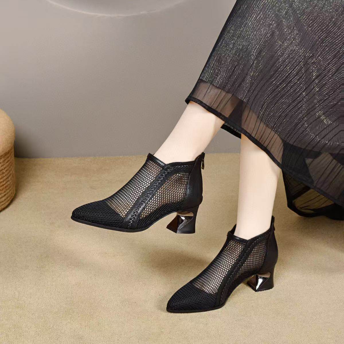Sandal nữ mũi nhọn quai ngang gót vuông 7 cm lưới thoáng khí — màu be chi tiết 5