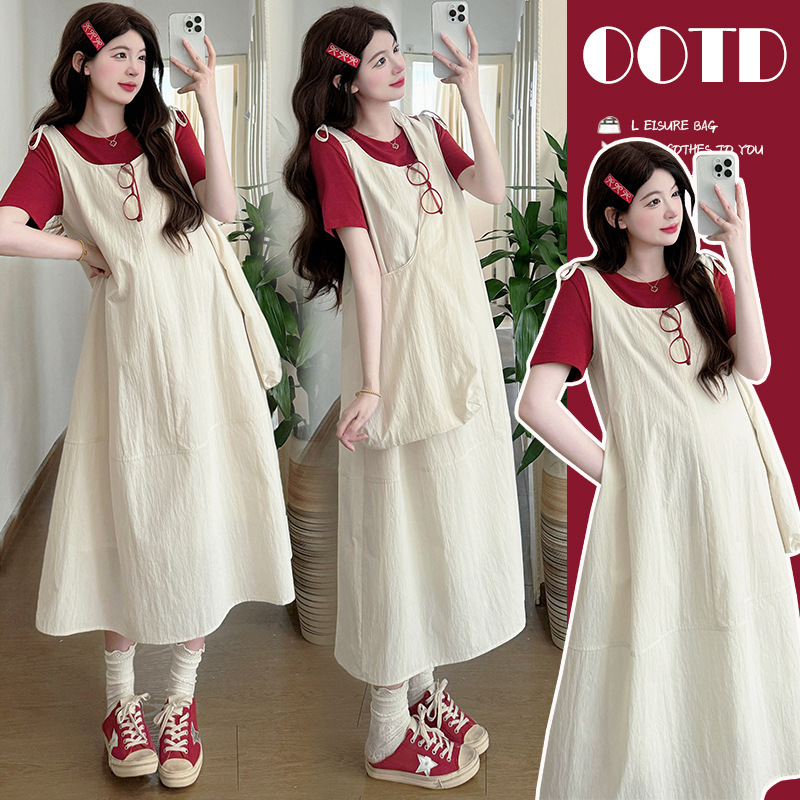 Real Shot of Maternity Wear 2026 Summer Style Korean-Style Loose-Fitting Age-Reducing Reversible Suspender Skirt + Short-Sleeved T-Shirt Two-Piece Set