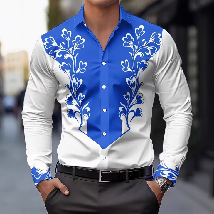 Cross-Border Men's Shirts Western Party Denim Style Shirts Spring and Autumn Four-Way Elastic Casual Long-Sleeved Printed Shirts for Men