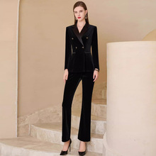春秋时尚黑色赫本风双排扣小西装套装修身显瘦女神范微喇裤正装OL