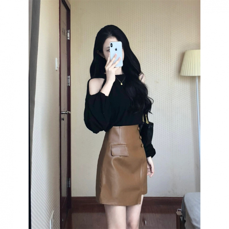 高级感御姐套装一字肩露肩上衣咖色皮裙时尚今年流行两件套女春秋|undefined