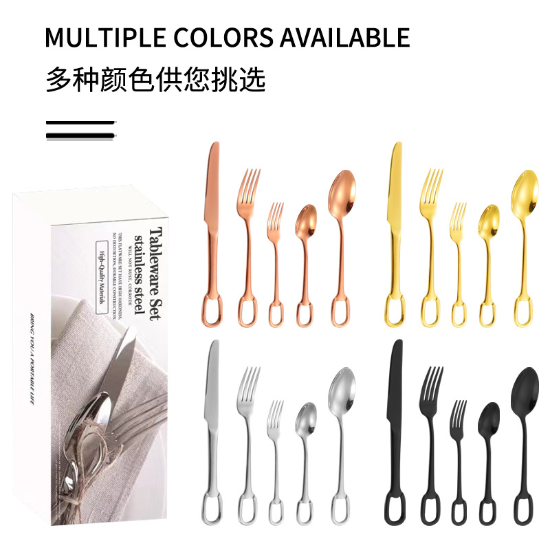 Amazon transfronterizo productos de alto valor facial 304 cubiertos de acero inoxidable 20 / 30 piezas collar hebilla cuchillo y tenedor de cucharas conjuntos