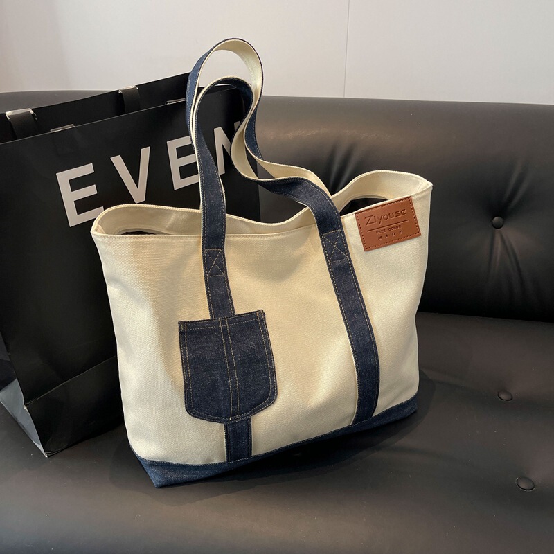 Stitching Denim canvas shoulder bag women's large capacity casual tote bag student handbag fashion commuter bag