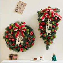 圣诞花环倒挂树藤条松针小鹿花环松果蝴蝶结花圈圣诞节装饰品跨境