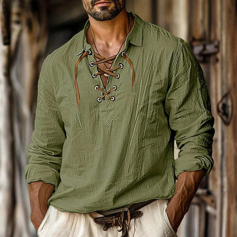 Cross-Border New European and American Men's Large Size Linen Lapel Lace Shirt Casual Fashion V Neck Long-Sleeved Shirt