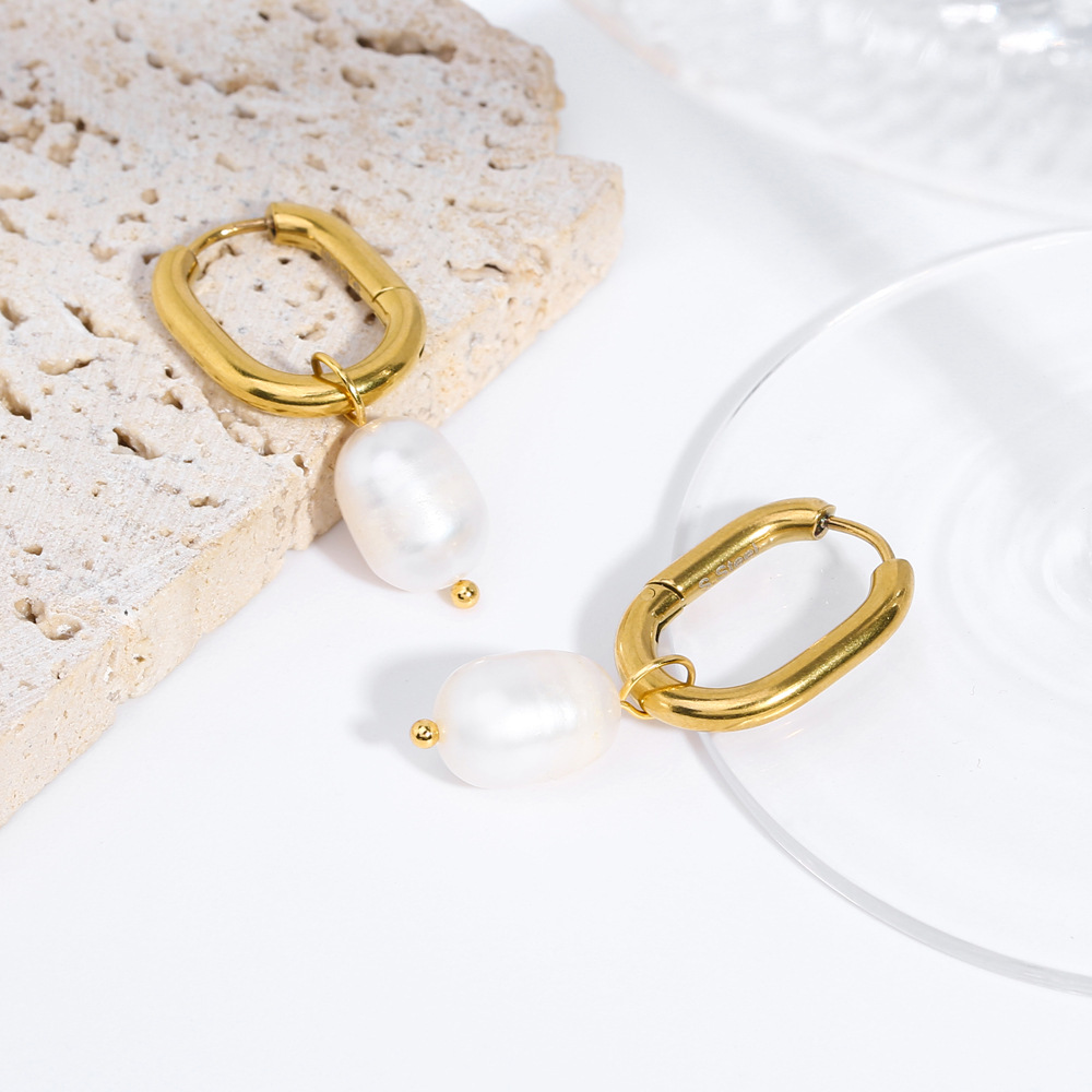Drop Earrings Classification 18K Gold Plating Color 1 Pair Quantity PVD Coated Real Gold Plated 18K Gold U Shape 201 Stainless Steel Freshwater Pearl Elegant Waterproof Non Tarnish Drop Earrings