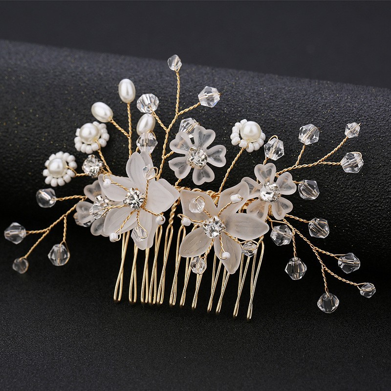 Cross-Border Korean-Style Bridal Handmade Flower Hair Comb, Imitation Pearl Crystal Headpiece, Wedding Dress Accessories