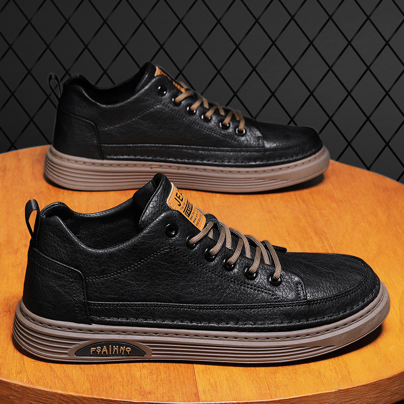 秋季男鞋新款黑色板鞋男士休闲皮鞋纯色上班工作厚底皮面板鞋