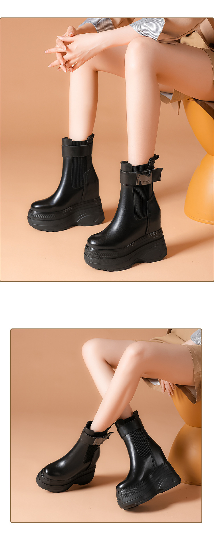 Boot nữ cổ thấp đế xuồng cao 14 cm khóa kéo phong cách casual — Lót nhung đen chi tiết 3