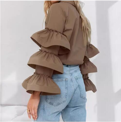 Shirt Collar Neckline Wholesale Women's Elegant Solid Color Long Sleeve Ruffles Blouses