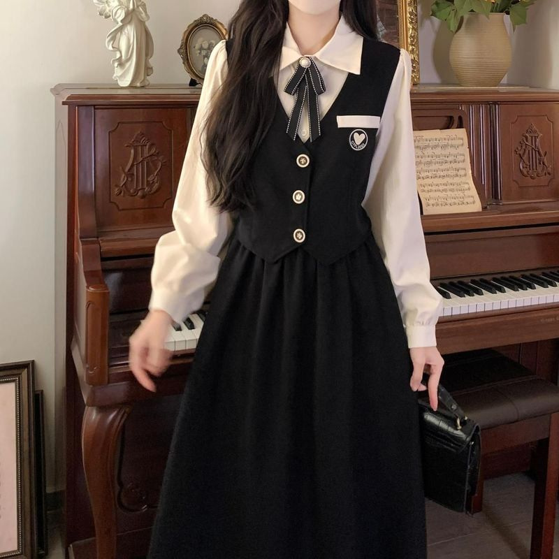 法式学院风黑色连衣裙女新款春秋季教资面试艺考成人礼假两件裙子|undefined