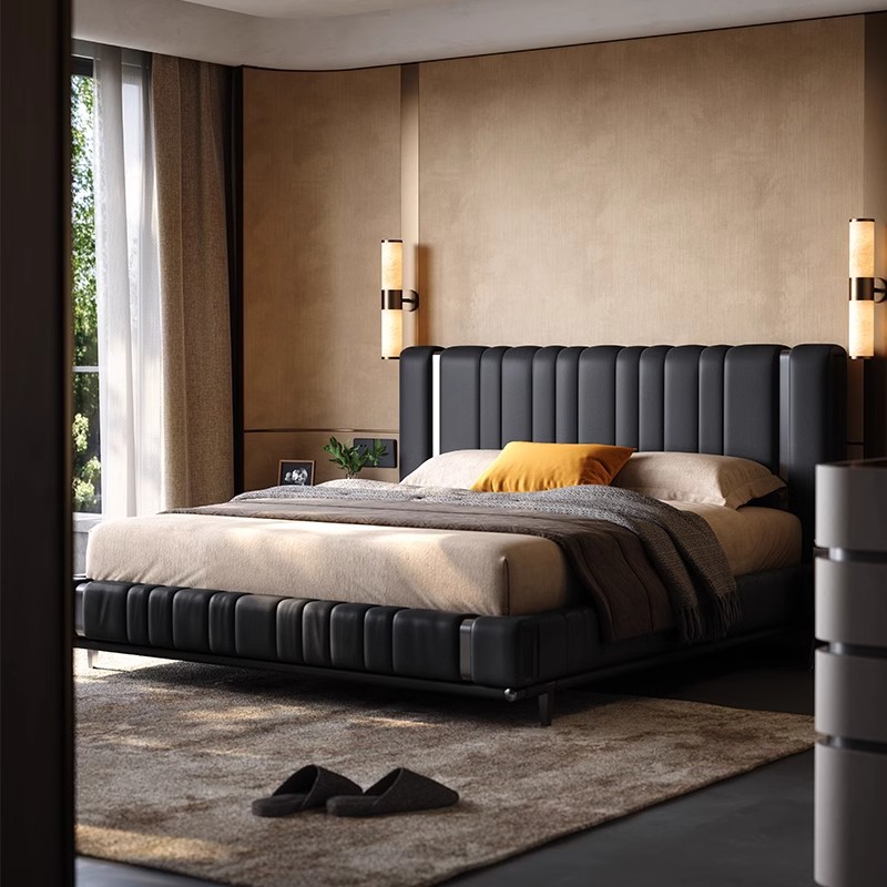 摩登东方全真皮床高端大气主卧落地双人床意式轻奢设计师皮艺床