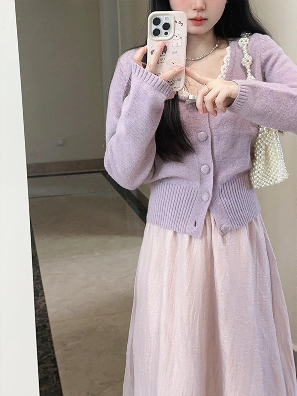 绝绝紫两件套！学院风蕾丝花边拼接针织开衫+半身裙女早秋2025|undefined