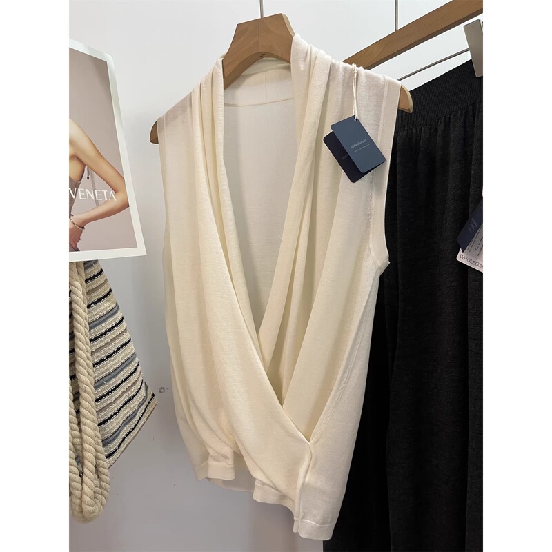 Elegant Office Wear! Biella Yangzi Yarn Wrap-Around V-Neck Waist-Cinching Sleeveless Knit Top for Women