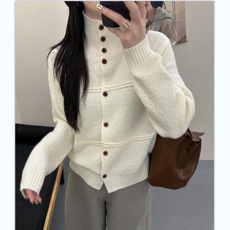 Autumn and Winter New Style Sheep Velvet Knitted Sweater Jacket Casual Simple Style High Collar Single-Breasted Loose Pure Color Women's Cardigan