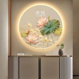 九鱼图玄关装饰画led灯光画感应电子钟圆形荷花挂画餐厅钟表挂钟
