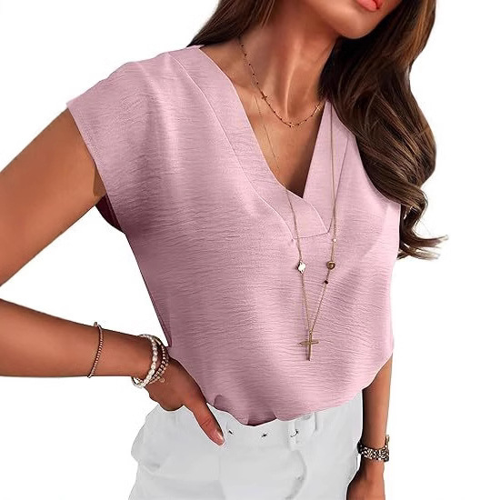 Amazon Europe and the United States cross-border 2025 summer new solid color V-neck simple loose fashion shirt