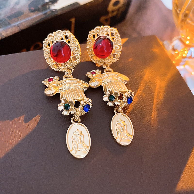 Retro Flower Resin Copper Inlay Artificial Diamond Drop Earrings 1 Pair