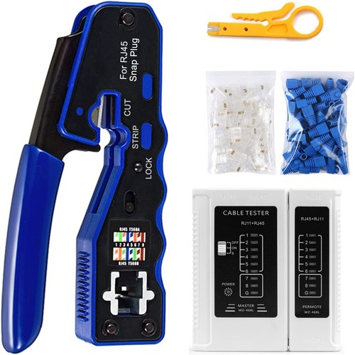 Full-featured kit: Category 7 Cat7 crystal-head network cable pliers, Super Category 6 butterfly clips, through-hole crystal heads, and 8P network crimping tool