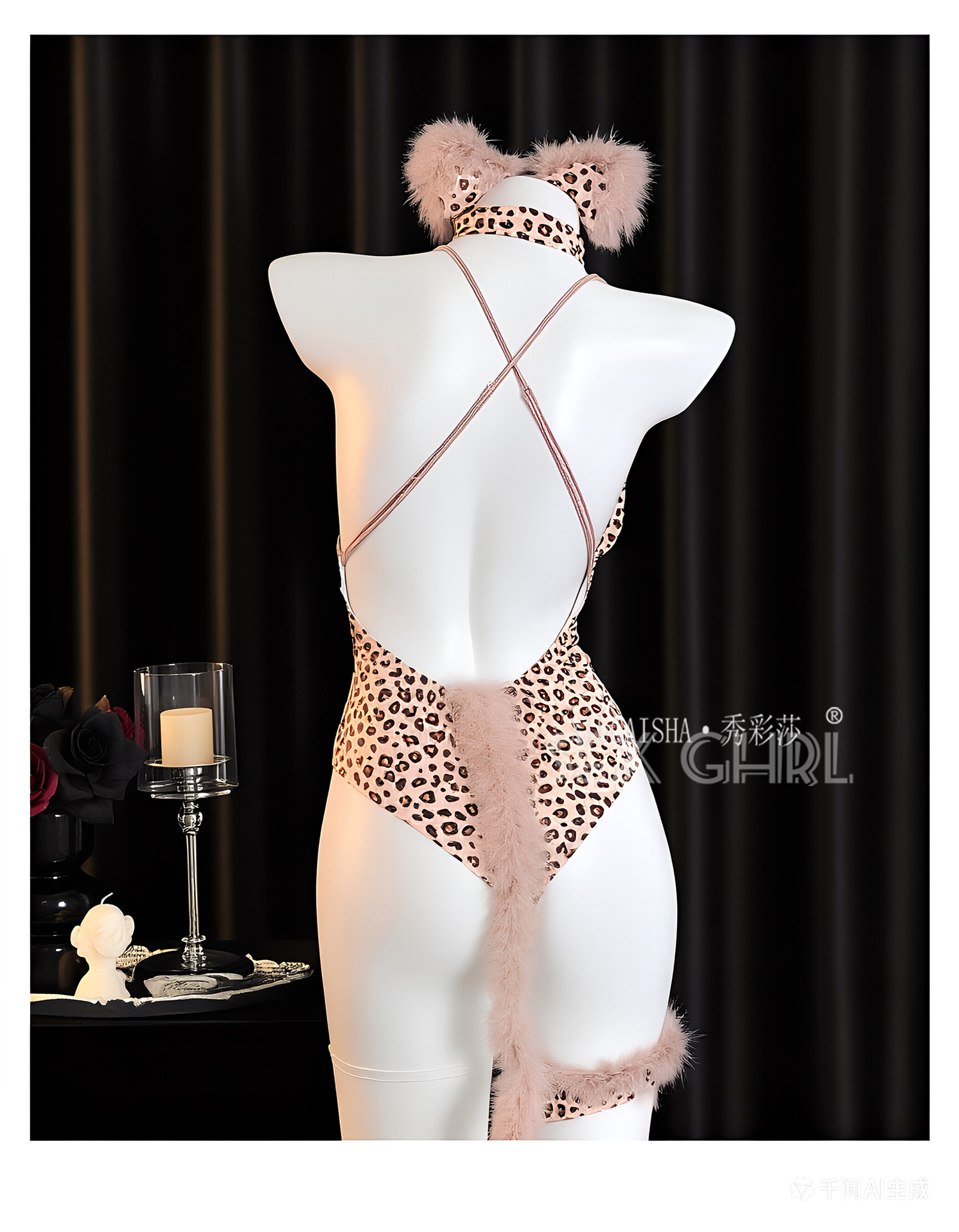 Leopard Print Open-Crotch Lingerie Set with White Seamless Stockings, One Size — detail image 9