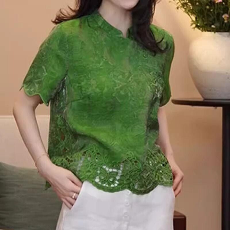 Thin New Chinese Style High-End Short-Sleeved 2025 New Shirt Women's Lace Cut Out High-End Tops for Women