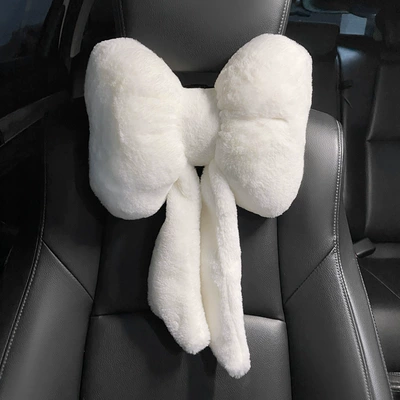 Car Winter Headrest Plush Neck Pillow Internet Popular Cute Bow Car Seat Winter Car Lumbar Headrest (Headrest) - plush-ribbon-bow-white-headrest