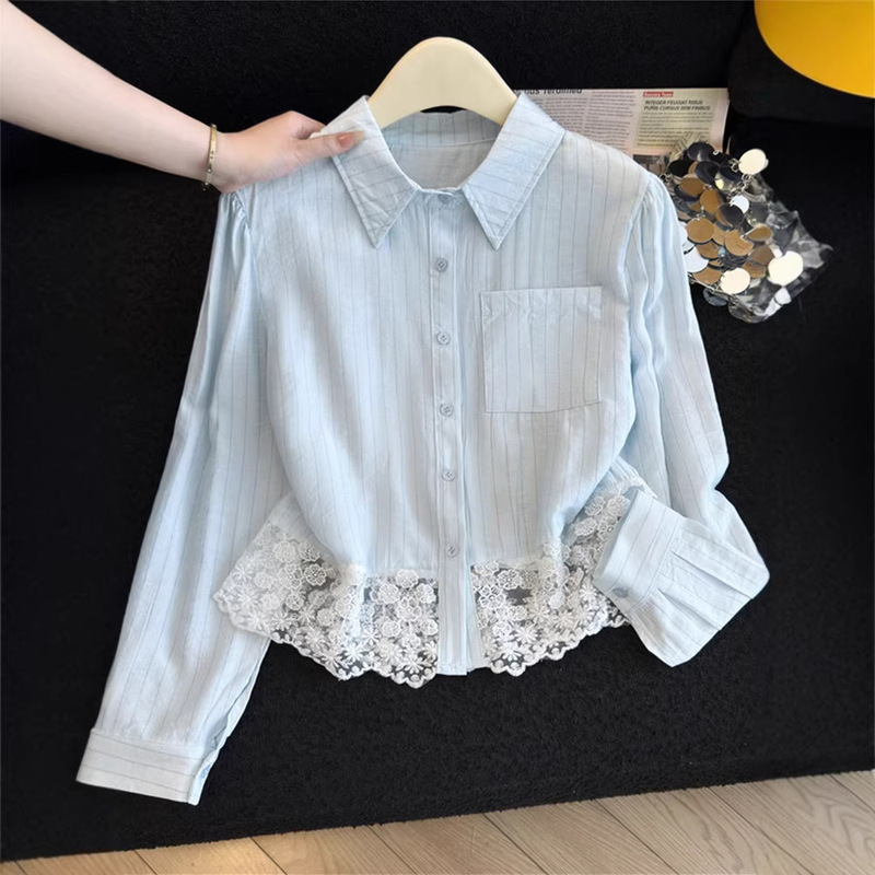 Designed with a Sense of Style, Lace Splicing Polo Collar Long-Sleeved Shirt, New Light Blue Versatile and Elegant White Shirt 11040