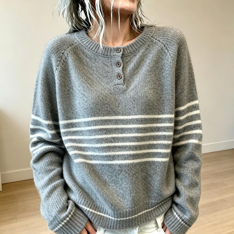 New autumn and winter knitwear from Europe and the US, available on Amazon for cross-border sales: round-neck, button-down, loose-fitting, striped long-sleeve sweater, perfect as a base layer New autumn and winter knitwear from Europe and the US, available on Amazon for cross-border sales: round-neck, button-down, loose-fitting, striped long-sleeve sweater, perfect as a base layer