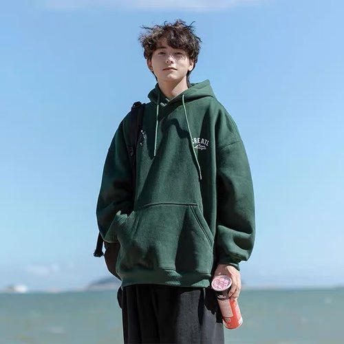 Cobalt Blue Heavyweight Sweatshirt for Men, Japanese Cityboy Style, Padded Hooded Sweatshirt, American Retro Oversize Student Jacket