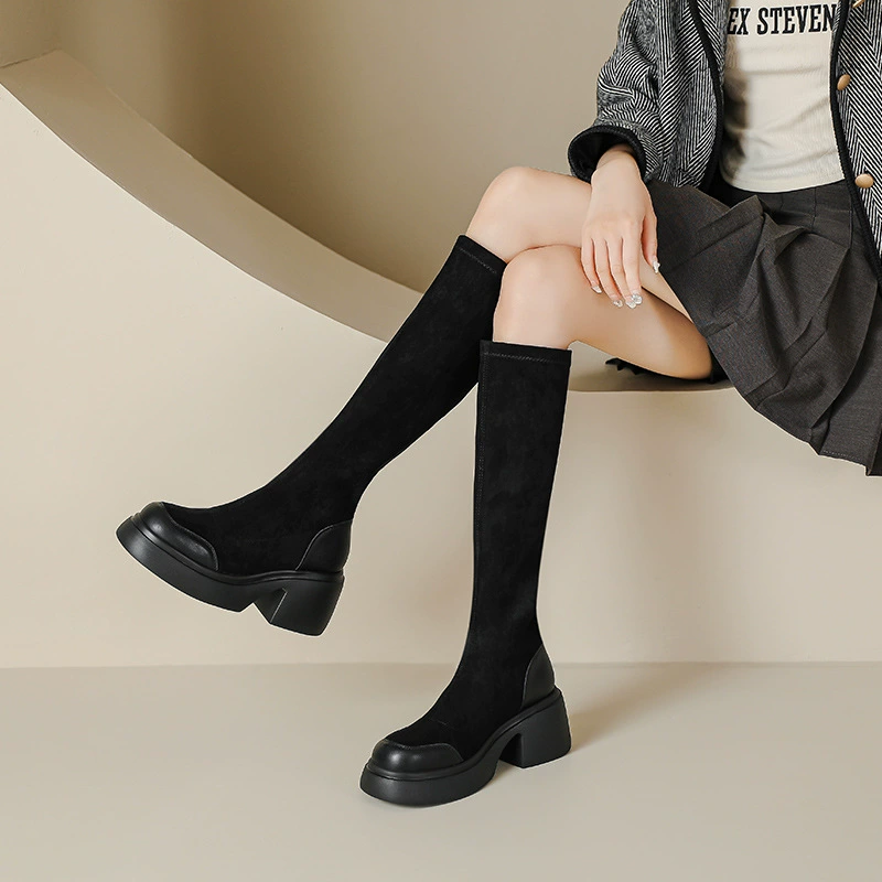 Замшевые ботинки Martins на толстой подошве, женские осенне-зимние толстые сапоги на толстом каблуке 7 см на высоком каблуке, непромокаемые высокие сапоги на платформе с легкой подошвой, эластичные сапоги для похудения